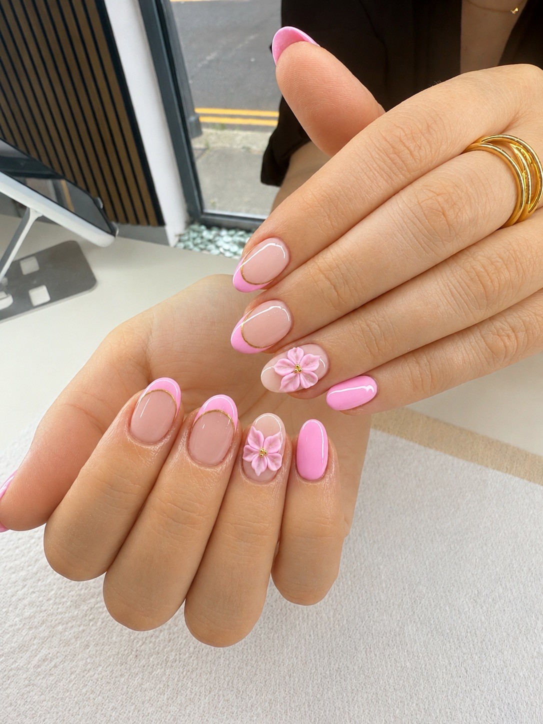 Pink floral nail detail at Chloe Nail Spa