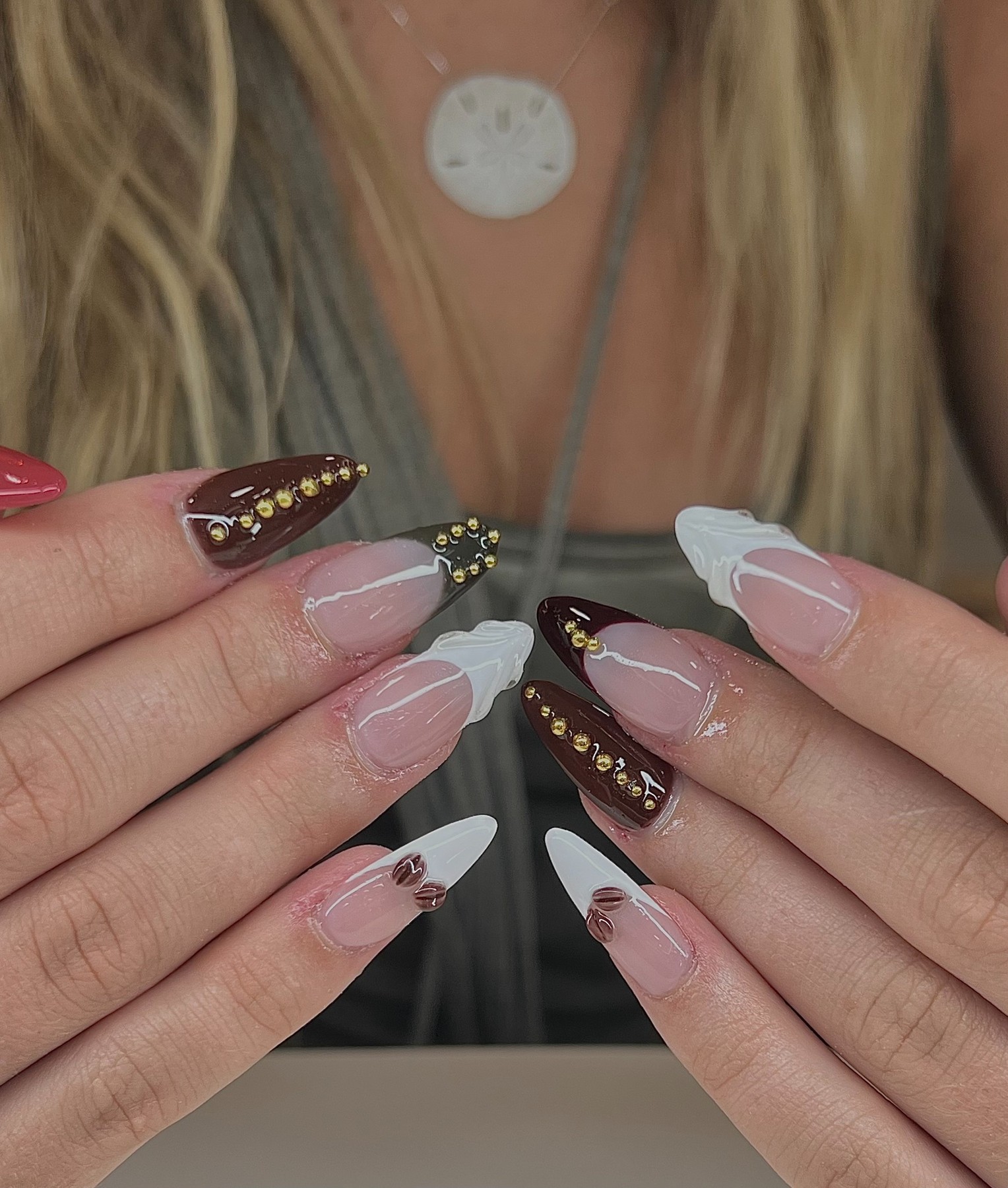 Burgundy crystal French nail design